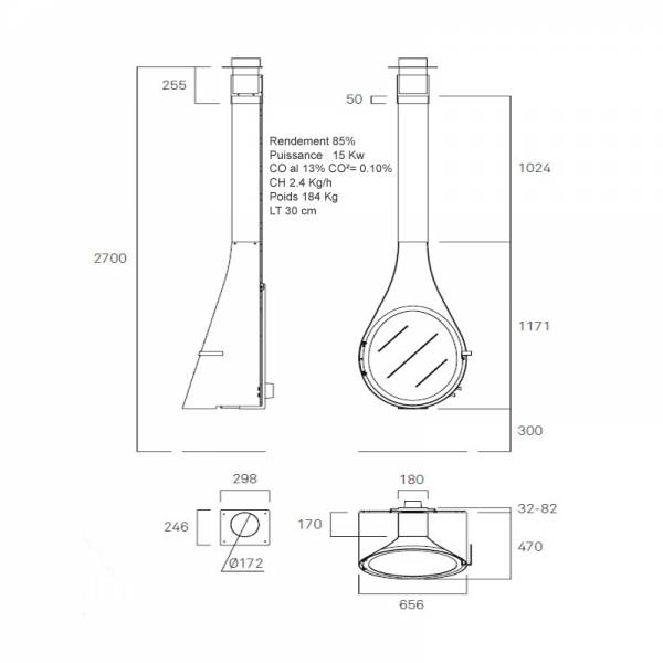 Dimension cheminée suspendue Drop Rocal dans les Landes
